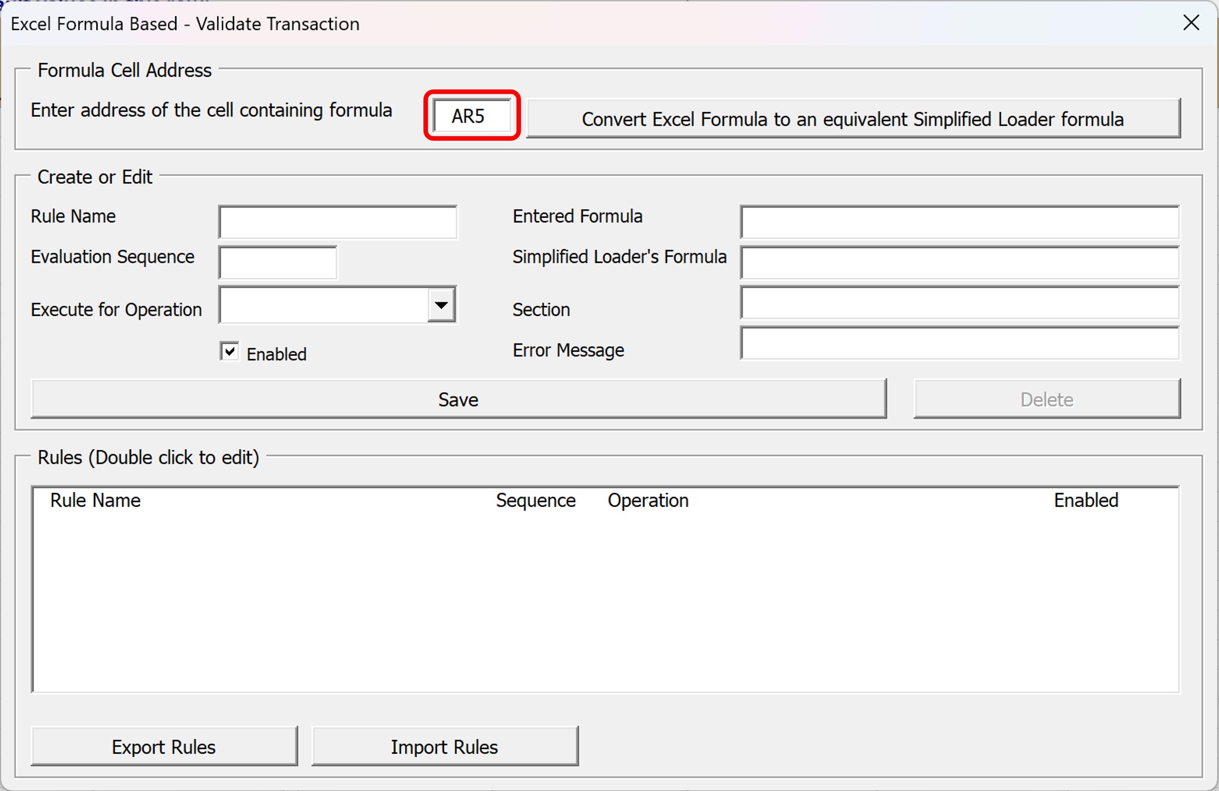 Excel Formula Based - Validate Transaction. Enter cell reference - Simplified Loader Excel for Oracle Fusion Cloud ERP